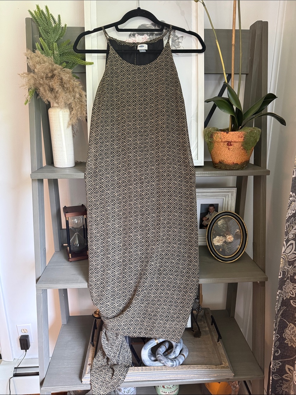 Old Navy Black and Cream Geometric Halter Maxi Dress